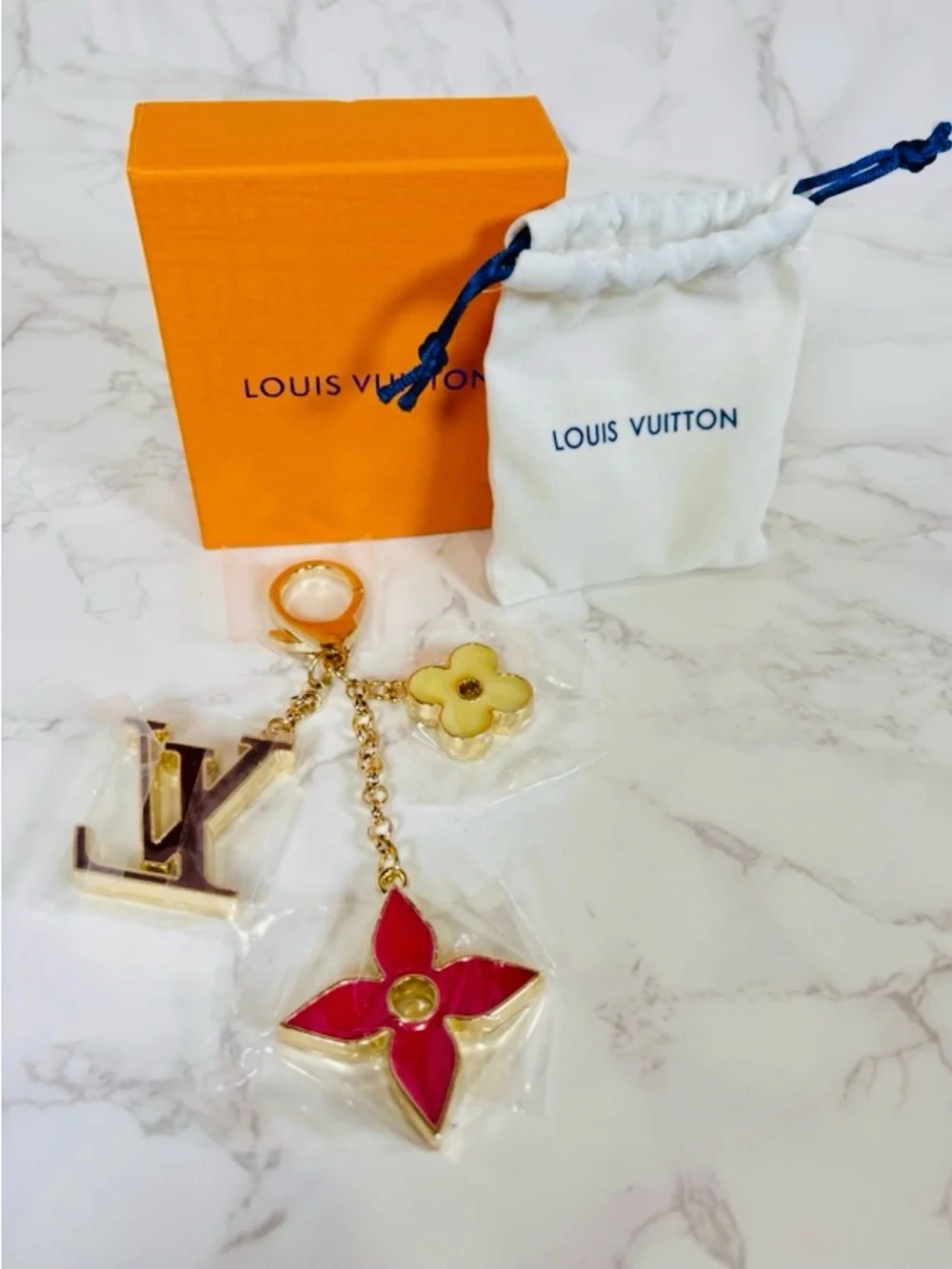 BAG CHARM/KEYCHAIN: Golden w/Brown Monogram, Pink/Cream Charms, Box & Dust Bag